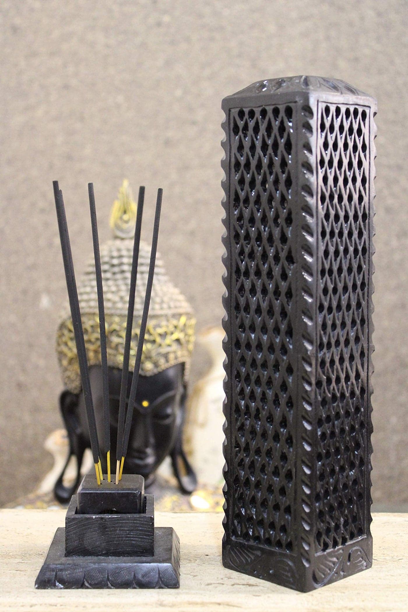 KC KULLICRAFT Handmade Marble Black Soapstone Incense Stick Burner Candle Stick Holder Tea Light Burner Perfect Jaali Carving for Gifting Decorative Home and Kitchen Decor 3 x 3 x 11 Inches