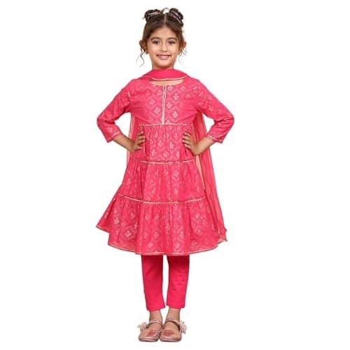 Biba Girls Pink Cotton Tiered Printed Kurta Churidar Set_2-3Y