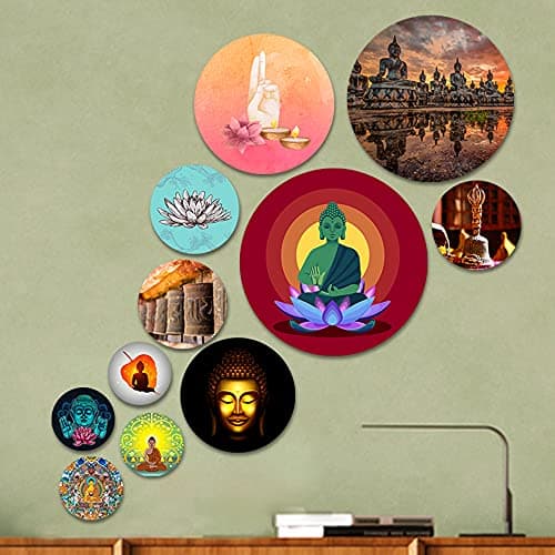 Artvibes Spiritual Buddha Meditation Round Shape MDF Wooden Wall Decor Items | Wall Art Painting For Hall | Wall Paintings | Handcrafted Art | Ethnic Wall Decor | Gift Items (WPS_110NN), Set of 11