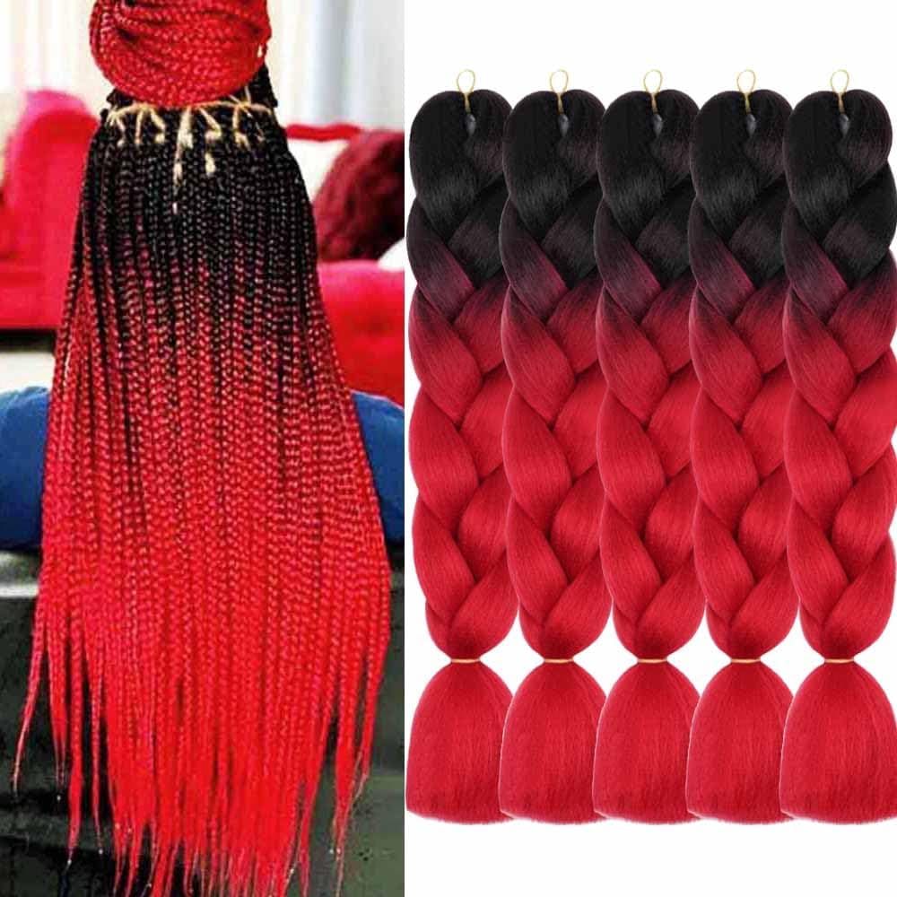 AIDUSA Ombre Braiding Hair 5pcs Synthetic Afro Braiding Hair Extensions 24 Inch 2 Tone for Women Hair Twist Crochet Braids 100g01 Black to Red