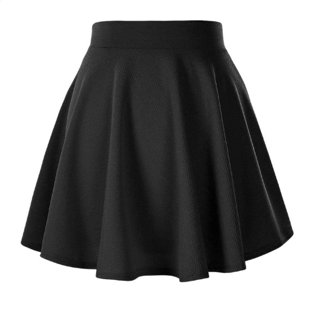 Afibi Casual Mini Stretch Waist Flared Plain Pleated Skater Skirt (X-Small, Black)