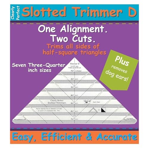 Cleary Perfect Slotted Trimmer D by New Leaf Stitches – Quilting Ruler Template and Stencil for Cutting All Sides of Half Square Triangles – 7 Quarter-Inch Slotted Sizes 1.75 Inch to 7.75 Inch