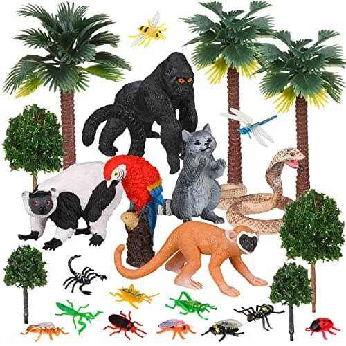 Jexine 25 Pack Rainforest Animals Figures for Kids Tropical Rainforest Diorama Supplies Kit for School Project Assorted Creature Toy Set Miniature Landscape Birthday Party Favors