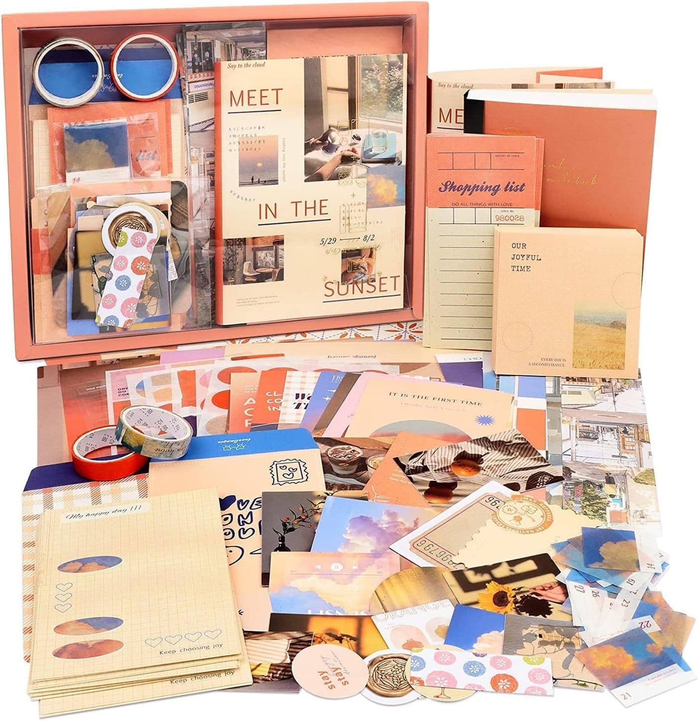 VIBE VISTA Vintage Aesthetic Scrapbook Kit, 346 Pcs, A6 Grid Notebook, Washi, Envelopes, Scrapbook Papers, Folding Labels, Background Papers, Photo Frames, Calendar Stickers, Stickers (Sunset)