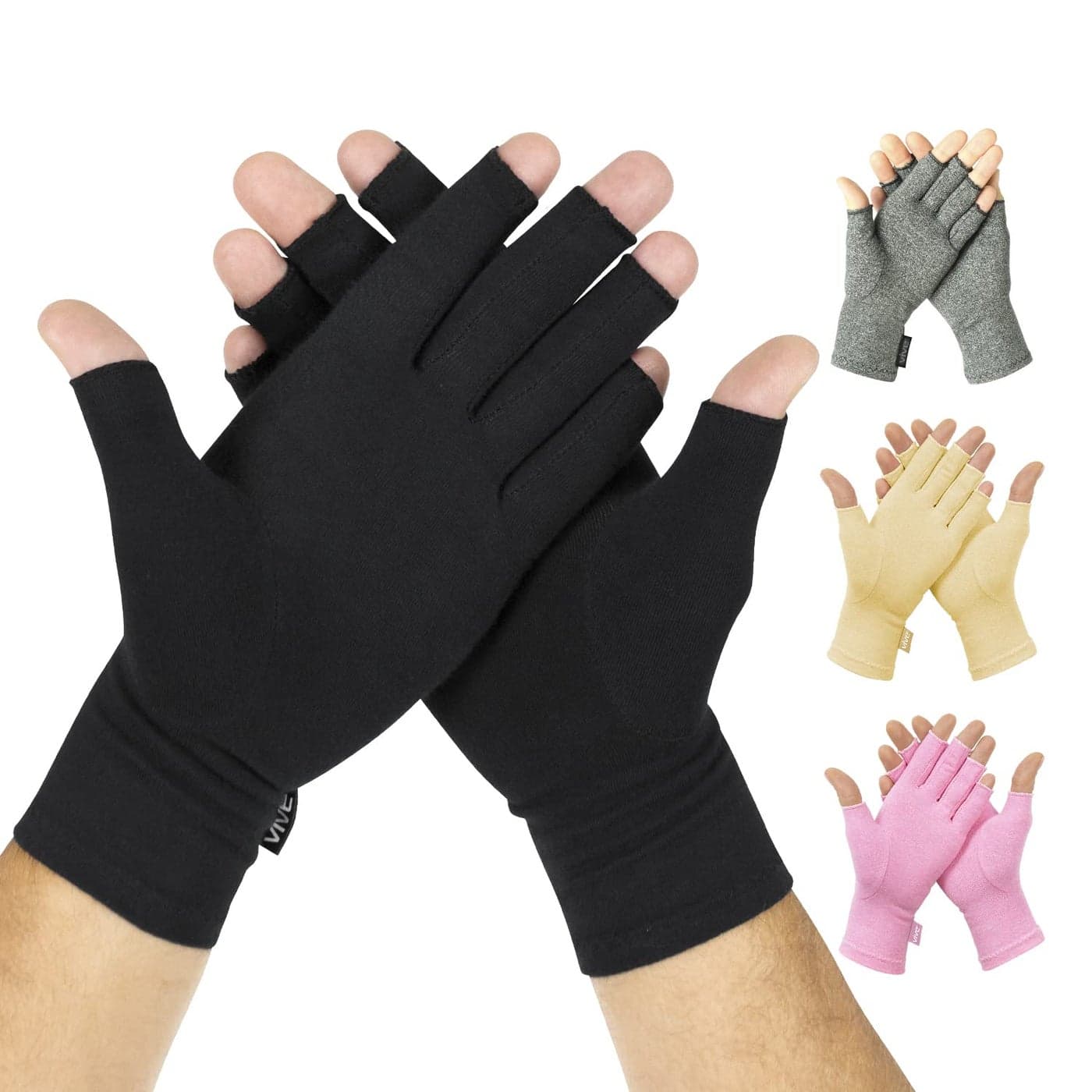 Vive Rheumatoid Arthritis Gloves Men and Women Fingerless Compression Wrap for Hand Pain and Osteoarthritis Black Hand Wrap for Arthritic Joint Symptom Relief Open Finger Fit