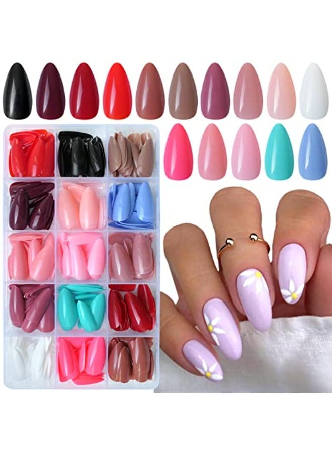 LuckForever 360pc Almond Press on Nails Medium Fake Nails Medium Acrylic Nails Press on Nail Almond Glue on Nail Short Stiletto False Artifical Fingernails 15 Colors Stick on Nails for Women Girs