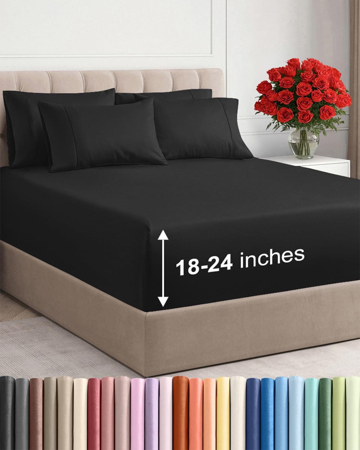 Extra Deep Full Sheet Set 6 Piece Breathable and Cooling Sheets Hotel Luxury Bed Sheets Set Easy Secure Fit Soft Wrinkle Free and Comfy Sheets Set Black Sheet Set with Extra Deep Pockets