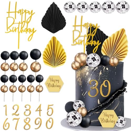 37Pcs Gold Black Balls Cake Topper Man Cake Decorations with Disco Balls Palm Leaves Acrylic Numbers 09 and Happy Birthday Cake Topper for Men Boy Black Theme Birthday Baby Shower Party Supplies