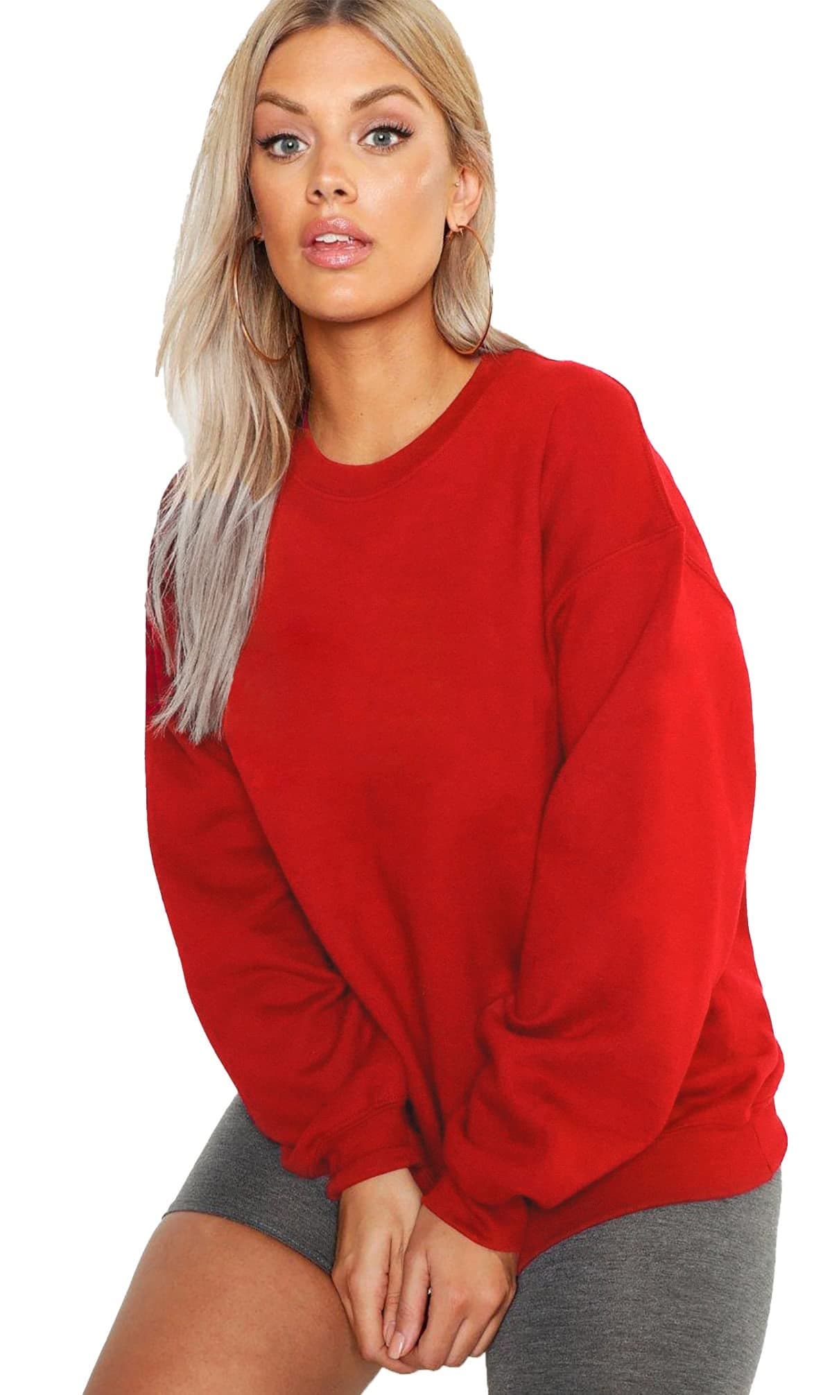 LEOTUDE Women's Loopknit Loop Knit Round Neck Sweatshirt (Grl_Red_P_1Red_S)