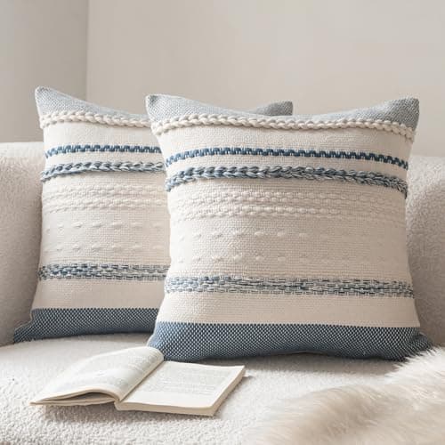 Cethom Boho Throw Pillow Covers 20x20 Inch Set of 2 Blue Textured Decorative Couch Pillow Cases for Farmhouse Home Decor Accent Cushion Cover for Sofa Bed Living Room Bedroom