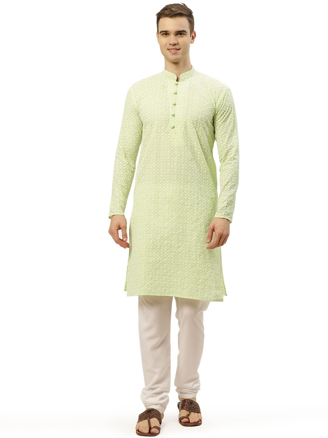 Jompers Men's Green & White Embroidered Straight Kurta Pyjama Set. (Green, L)