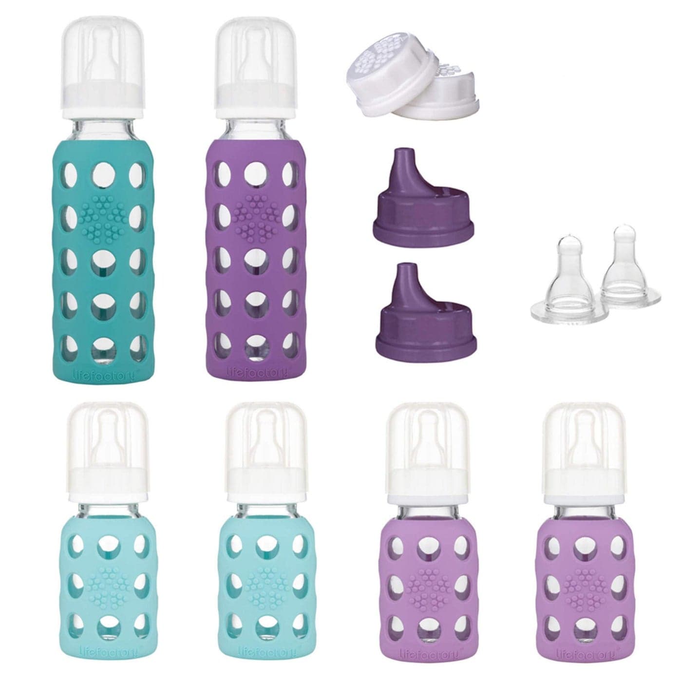 Lifefactory Baby 6 Bottle Starter Set in MintLavender and in KaleGrape Flat Sippy Caps Stage 3 Nipples 16 Oz 12 Piece Set