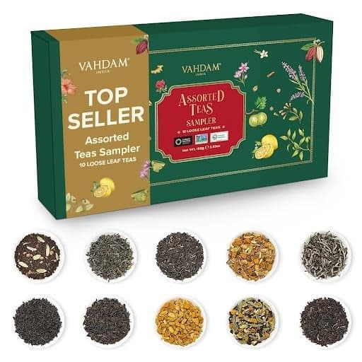 VAHDAM Top 10 Favourites Tea Sampler Set Loose Leaf Tea 50 Cups Tea Variety Pack with Green Herbal Black Chai Brew Vacuum Sealed For Freshness Brew Hot Cold