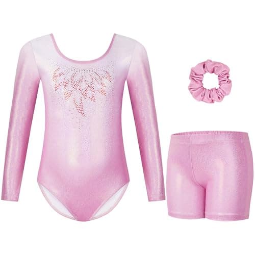 Gogokids Gymnastics Leotards for Girls Long Sleeve Sparkly Rhinestone Dance Unitards Biketards with Shorts Apink 67 Years