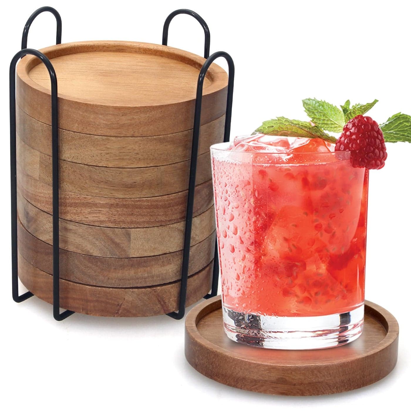 Rustic Wooden Coasters Set of 8 Farmhouse Coffee Table Decor Acacia Wood Drink Coaster with Holder Modern Outdoor Bar Cool Cup Costers Kitchen Accessories Decoration Home Dining Coasters Gift