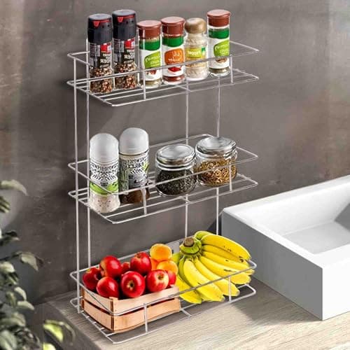 Niyara Heavy-Duty 3-Tier Stainless Steel Kitchen Storage Shelf | Wall-Mountable & Freestanding Countertop Rack for Spices, Jars, Condiments, Fruits & More