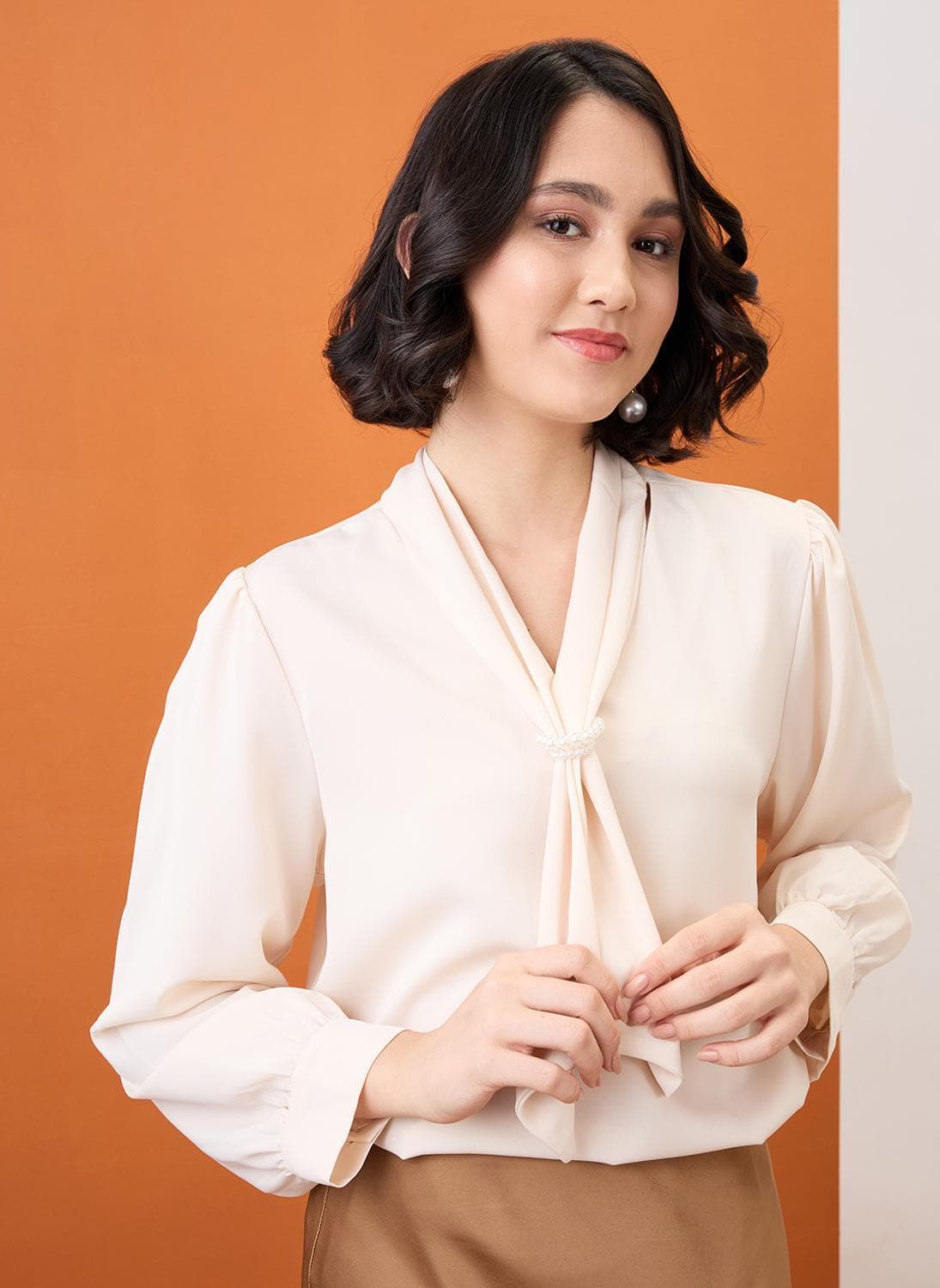 Globus Women's Beige Formal Tie Up Neck Long Cuffed Sleeve Top