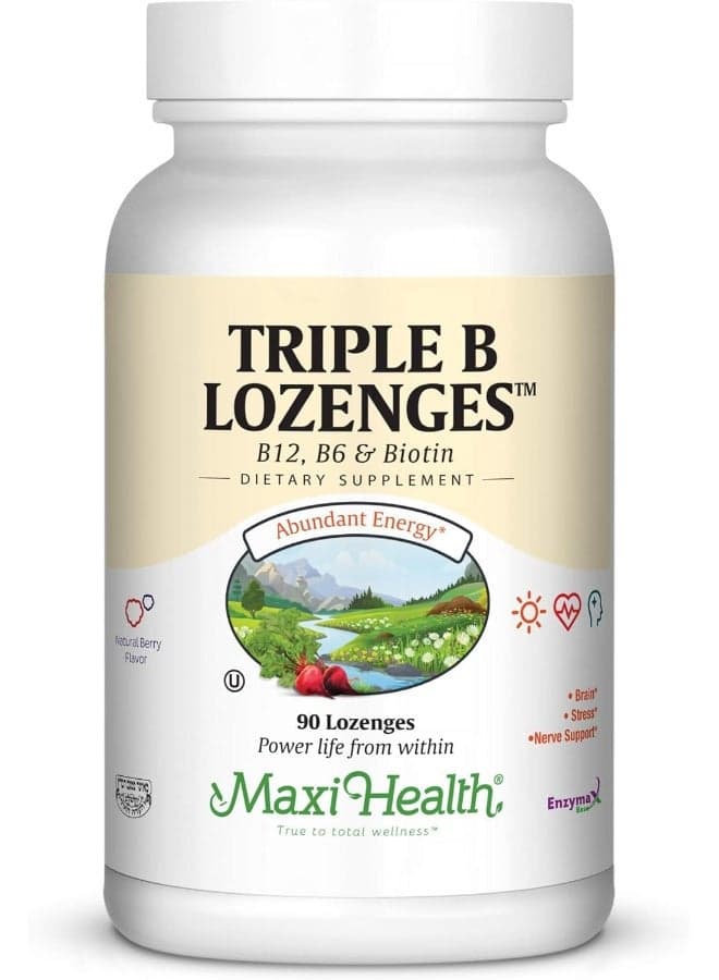 Maxi Health Triple B Lozenges - Vitamin B12 & B6 & Biotin - Strawberry Flavor - 90 Chewies - Kosher
