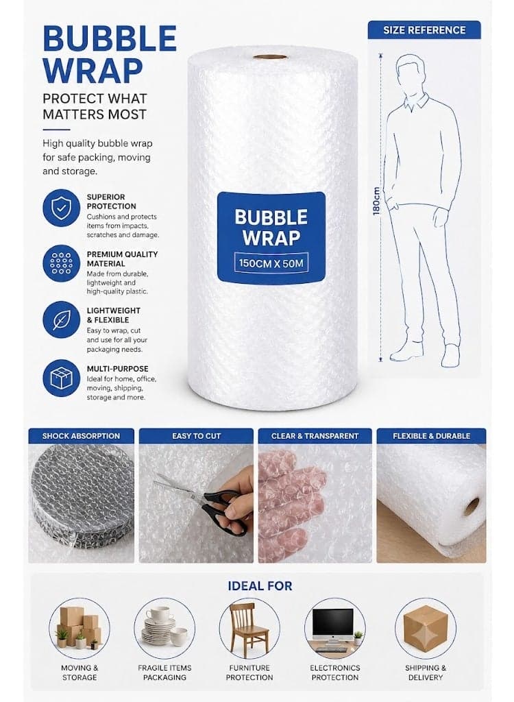 Heavy Duty Bubble Wrap Roll (150cm x 50m) – Premium Quality Protective Cushioning Roll for Moving, Packing, Shipping & Storage – Clear Extra Wide Bubble Packing Material