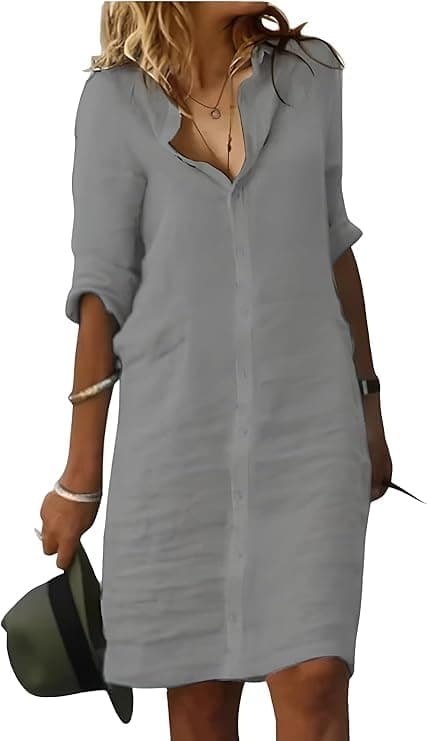 Fronage Casual Summer Button Down Shirt Dress for Women, Lapel Collar Mid-Sleeve Beach Cotton Linen Dresses Grey, S