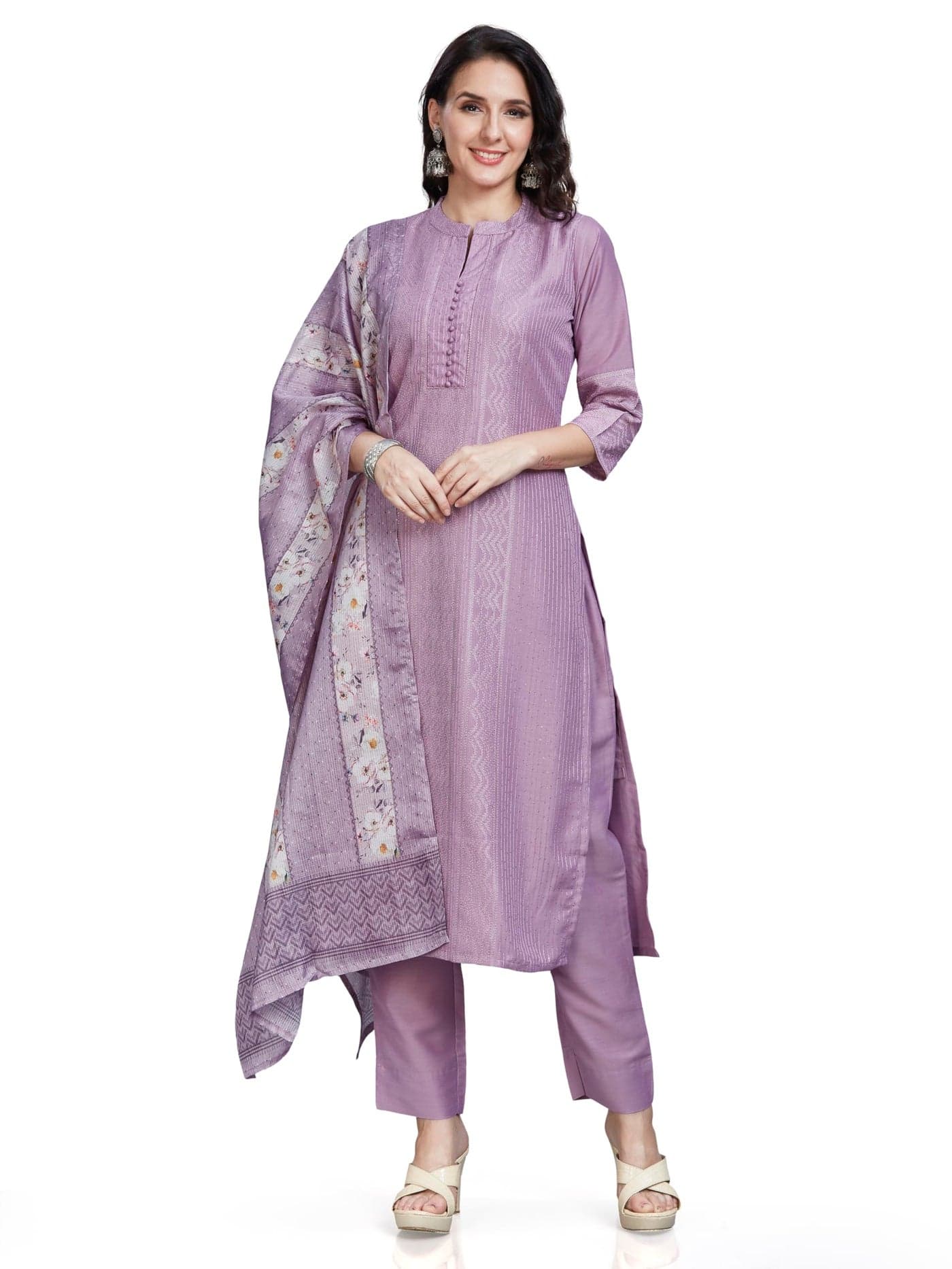 nioni Women's Fancy Salwar Suit Set with Dupatta, 3/4 Sleeves, Stand Collar Neck, Stylish Kurti with Hand Embroidery, Solid Pant, Printed Dupatta for Girls and Woman (Lavender, 2XL)