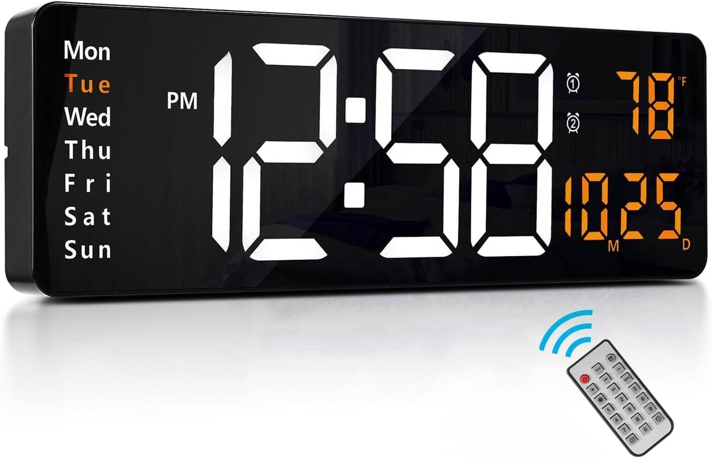 Glozzeria 1 Piece Plastic Digital LED Wall Clock Large Display Digital Clock with Remote Control Date Day Week Temperature Display for Home Office Black 162 Inch Display White Digit