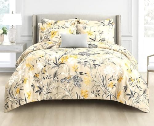 Ab Home Decor 350TC Glace Cotton Wedding Comforter Set Double Bed King Size with 1 Bedsheet Flat and 2 Pillow Covers AC Quilt/Blanket/Duvet II 4 pc Comforter Bedding Set-Black Yellow Floral