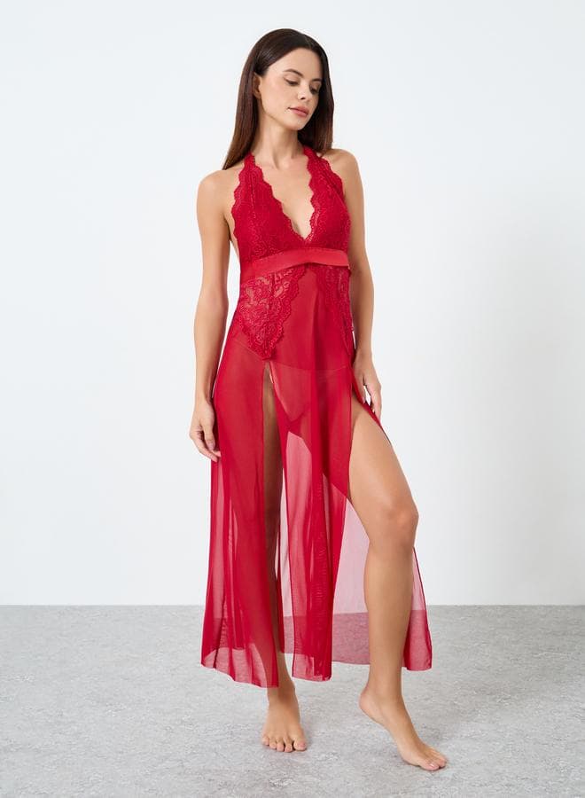 Solid Mesh Patchwork Lace Embroidery Belted Split Hem Cami Dress