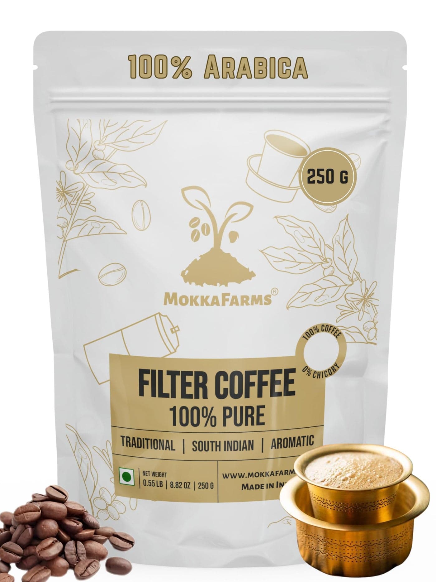MokkaFarms South Indian Filter Coffee Powder 250gm | 100% Pure Arabica Coffee Powder - No Chicory | Medium Roast | Fresh Premium Beans Roasted in Small Batches | One-way Zip lock Bag | Farm to Fork