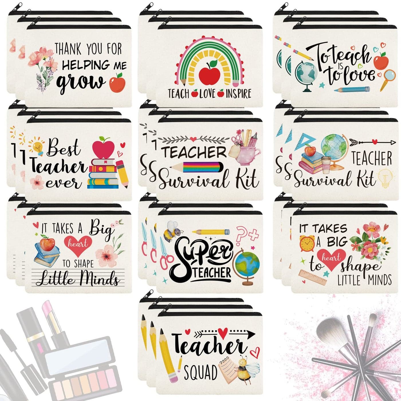 Irenare 30 Pcs Teacher Makeup Bag Graduation Cosmetic Bag Pencil Case Bags Travel Toiletry Canvas Pouch with Zipper for Teacher Appreciation Gift