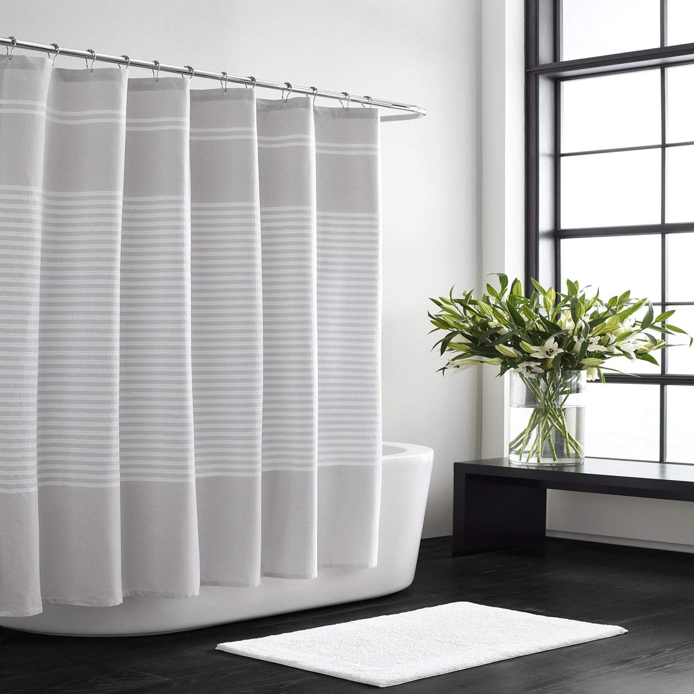 Vera Wang Fabric Shower Curtain Cotton Bathroom Decor with Hook Holes Top Seersucker White 72 x 70