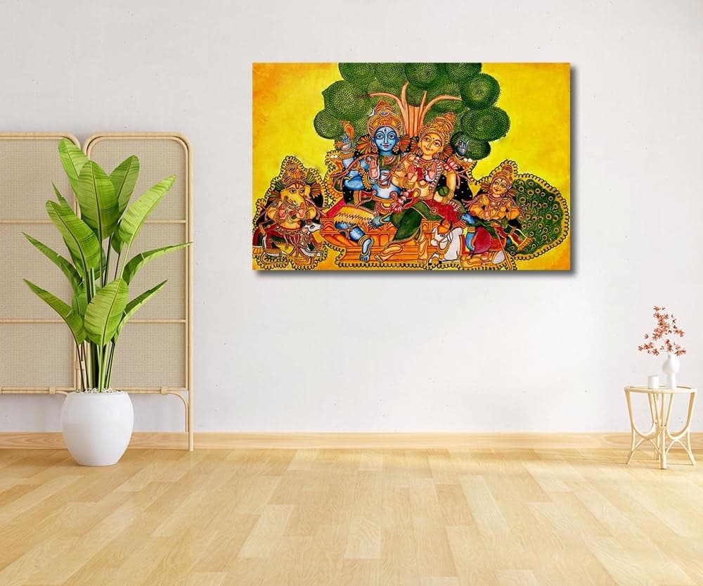 Sikhash Religious Art Canvas Painting | Shiva Parvati Parivar Kerala Mural Traditional Art Painting for Living room Home Office Gift Multicolor Unframed Painting Size - 12X8 inches (30X20 cms, Pack of 1)