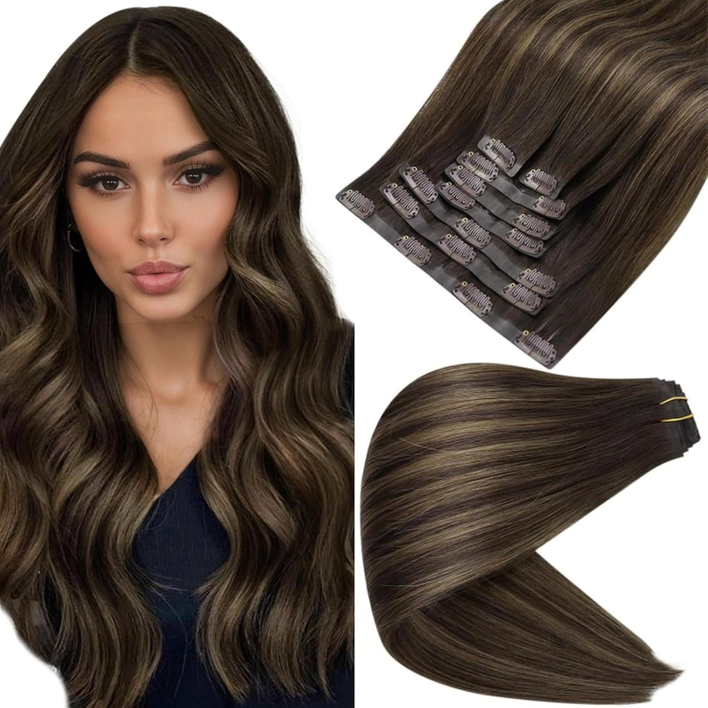 Full Shine Balayage Clip in Hair Extensions Dark Brown to Light Brown with Caramel Blonde Remy Human Hair with PU Weft Thick Ends 16 Inch 8 PCS 120 Grams