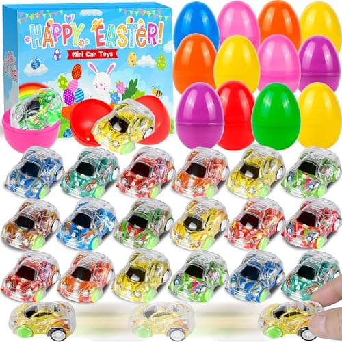 Seifar 24 Pack Prefilled Easter Eggs Filled with Pull Back Cars Eggs with Toys Inside Easter Hunt Basket Stuffers Party Favors Classroom Prizes Gift for Kids Girls Boys