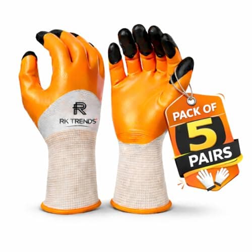 RK TRENDS Nylon Heavy Duty Coated Work Gloves For Industrial | Gardening | Agricultural |Cleaning. (Pack of 5 Pairs, Orange (Double Coated))