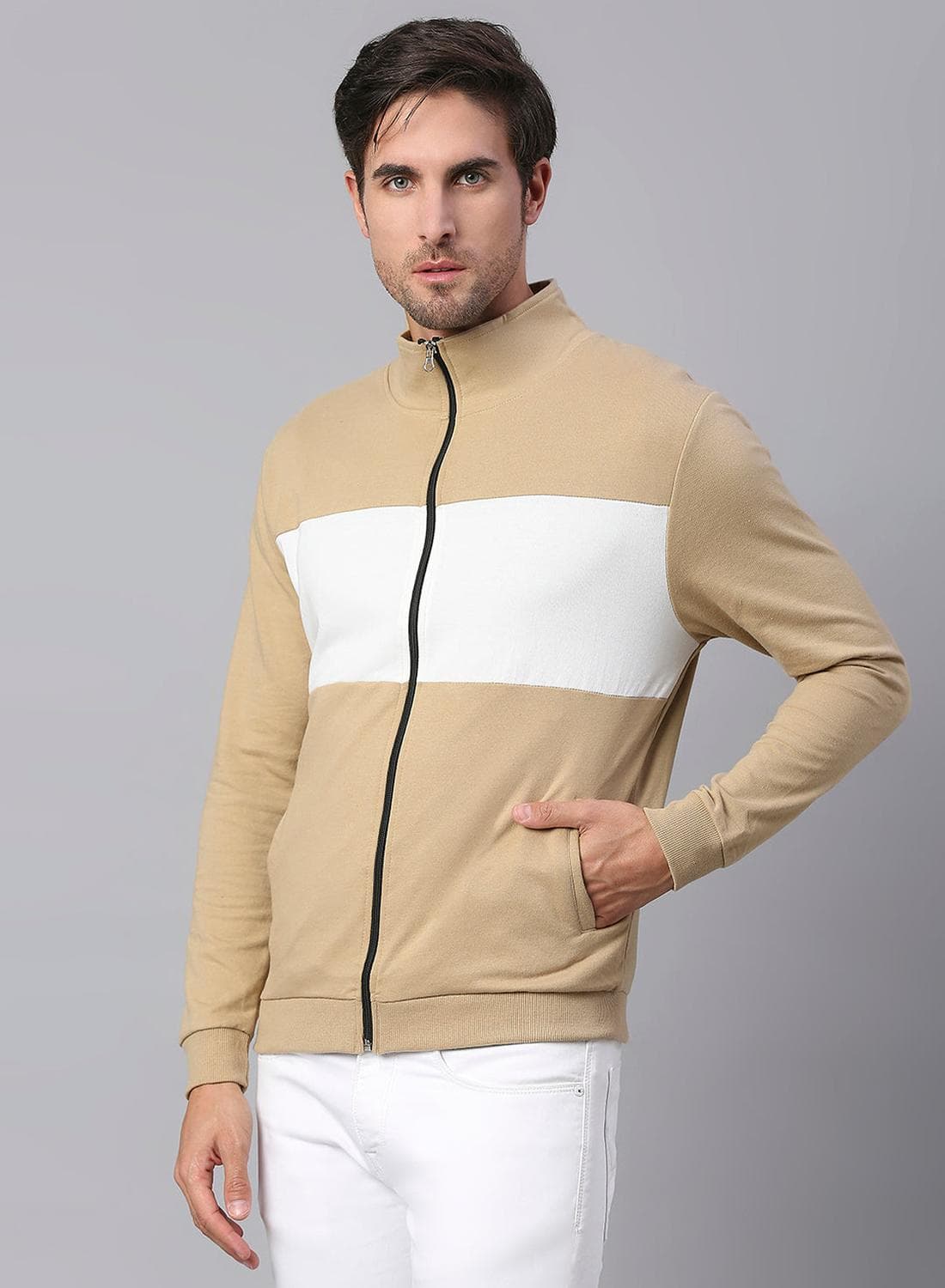 Regular Fit Khaki Sweatshirt for Men - Polycotton, Colourblocked, Mock Neck, Full Sleeves, Knitted Fabric