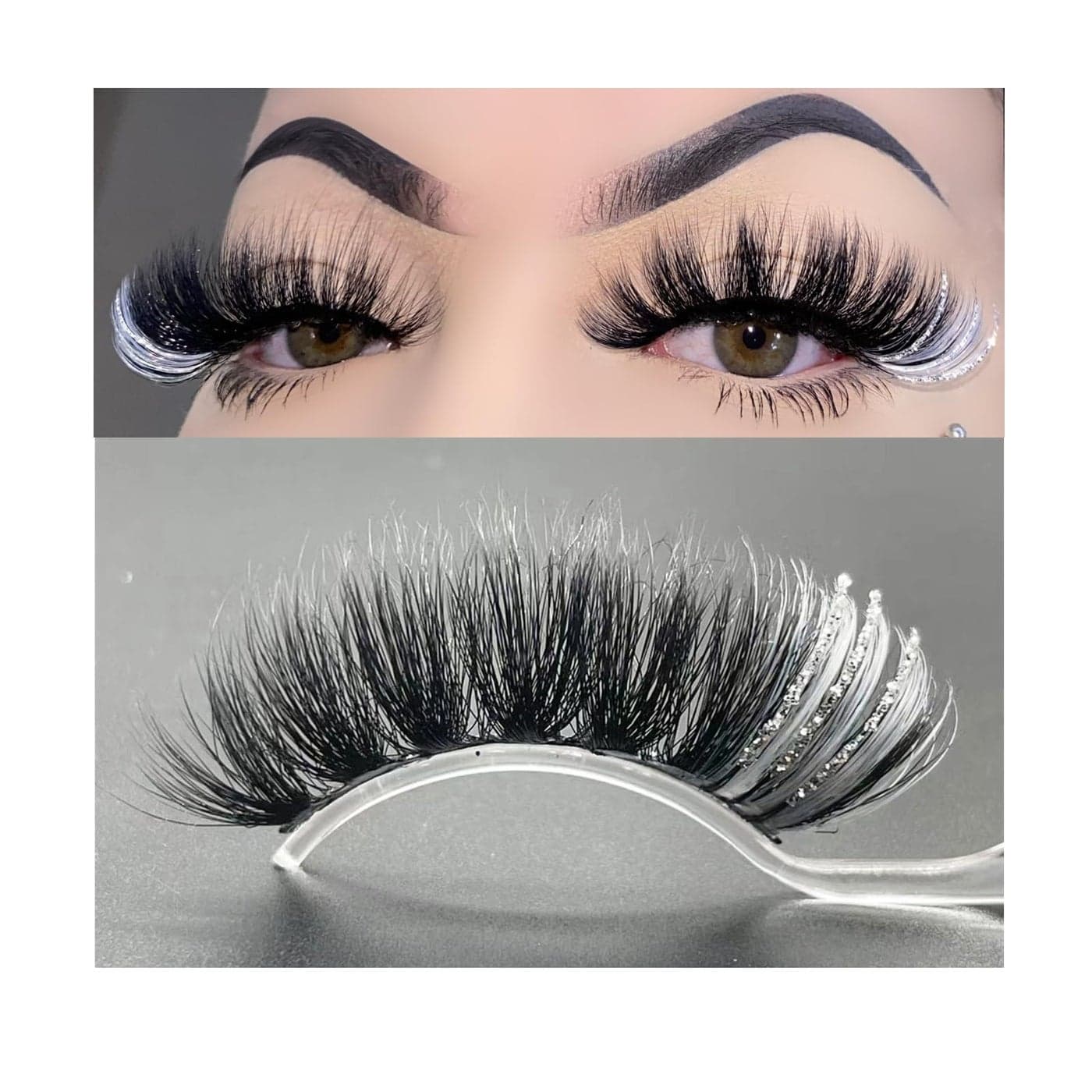 1 Pair Glitter White False Eyelashes for Festivals 3D Color Decal Lashes Black Lash Strip with Silver Highlight Sparkly CrueltyFree Faux Mink 18 MM for Women Makeup