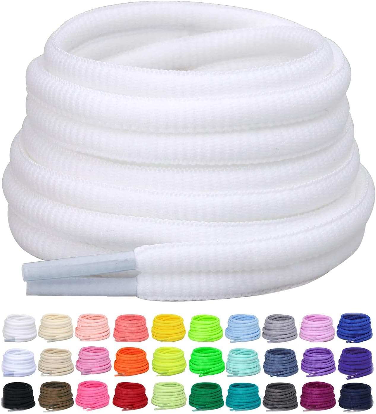 Puzeam 2 Pairs Oval Athletic Shoelaces 33 Colors 1/4" Half Round Shoe Laces for Sneakers - White 80