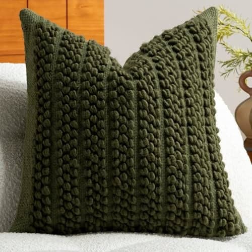DEZENE Wool Boucle Throw Pillow Cover Premium Chic Accents Square Textured Decorative Pillow Case for Living Room Couch Sofa Home Decor 18"x18" Olive Green Christmas