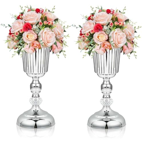 2PCS Silver Metal Flower Trumpet Stripe Vases Crystal Table Centerpieces Artificial Flower Arrangements for Anniversary CelebrationWeddingPartyBirthday Event Aisle Home Decor