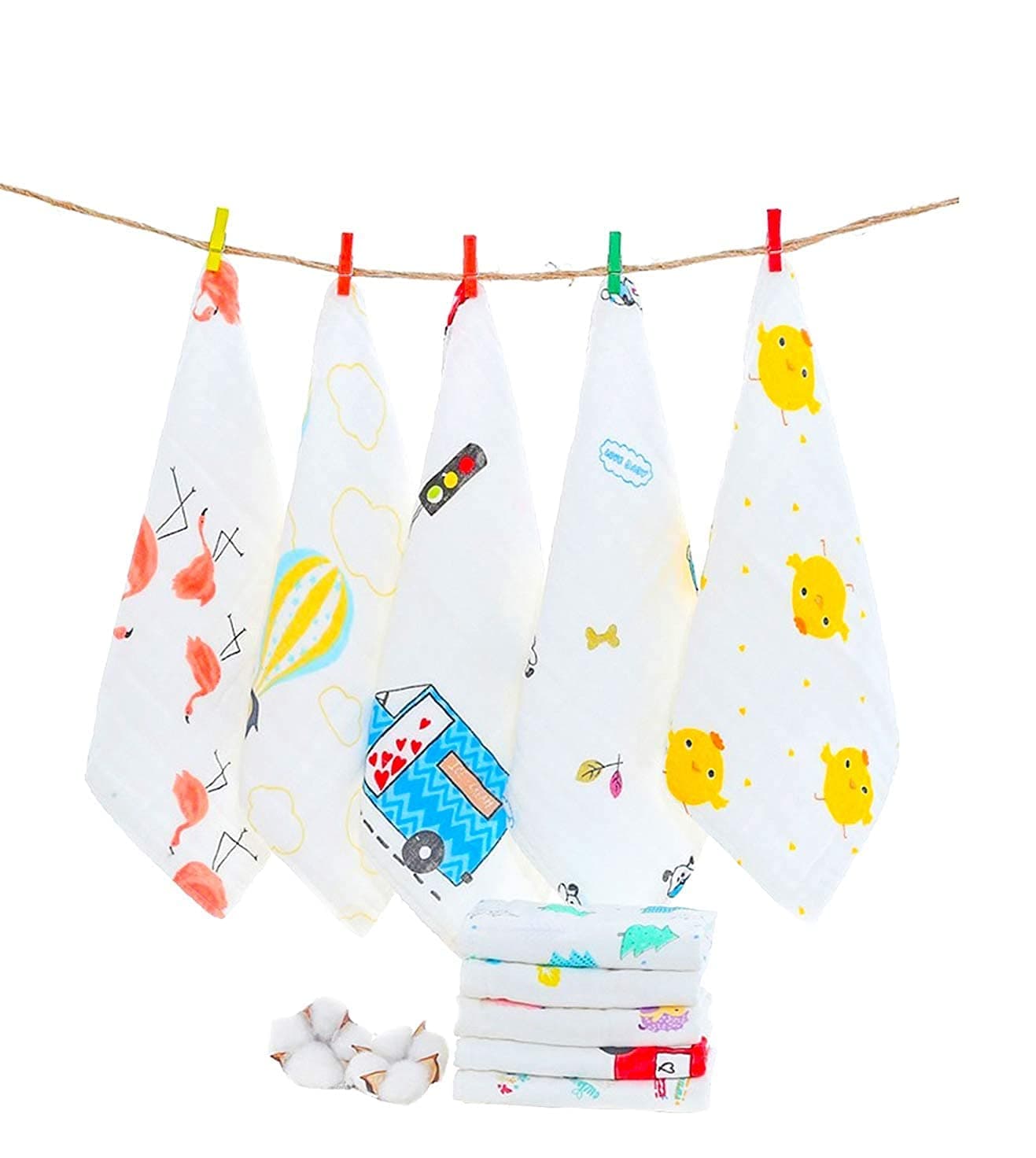 CLUZE Double Layered Extra Soft & Super Absorbent Cotton Handkerchief For Women's, Kids & Newborn Babies/Face Towel, Casual Style Printed Hanky (White) (25X25 Cm) (5)