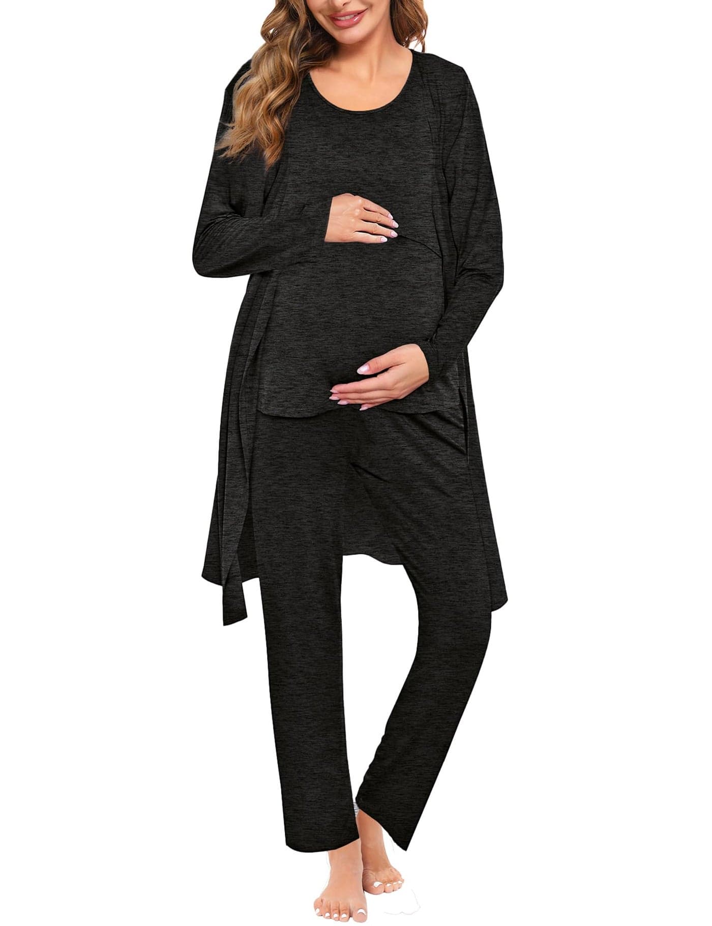 SWOMOG Maternity Nursing Robe Set 3 PCS Women Postpartum Pajamas Breastfeeding Labor Delivery Hospital Pregnancy Pjs (Black Grey, X-Large)