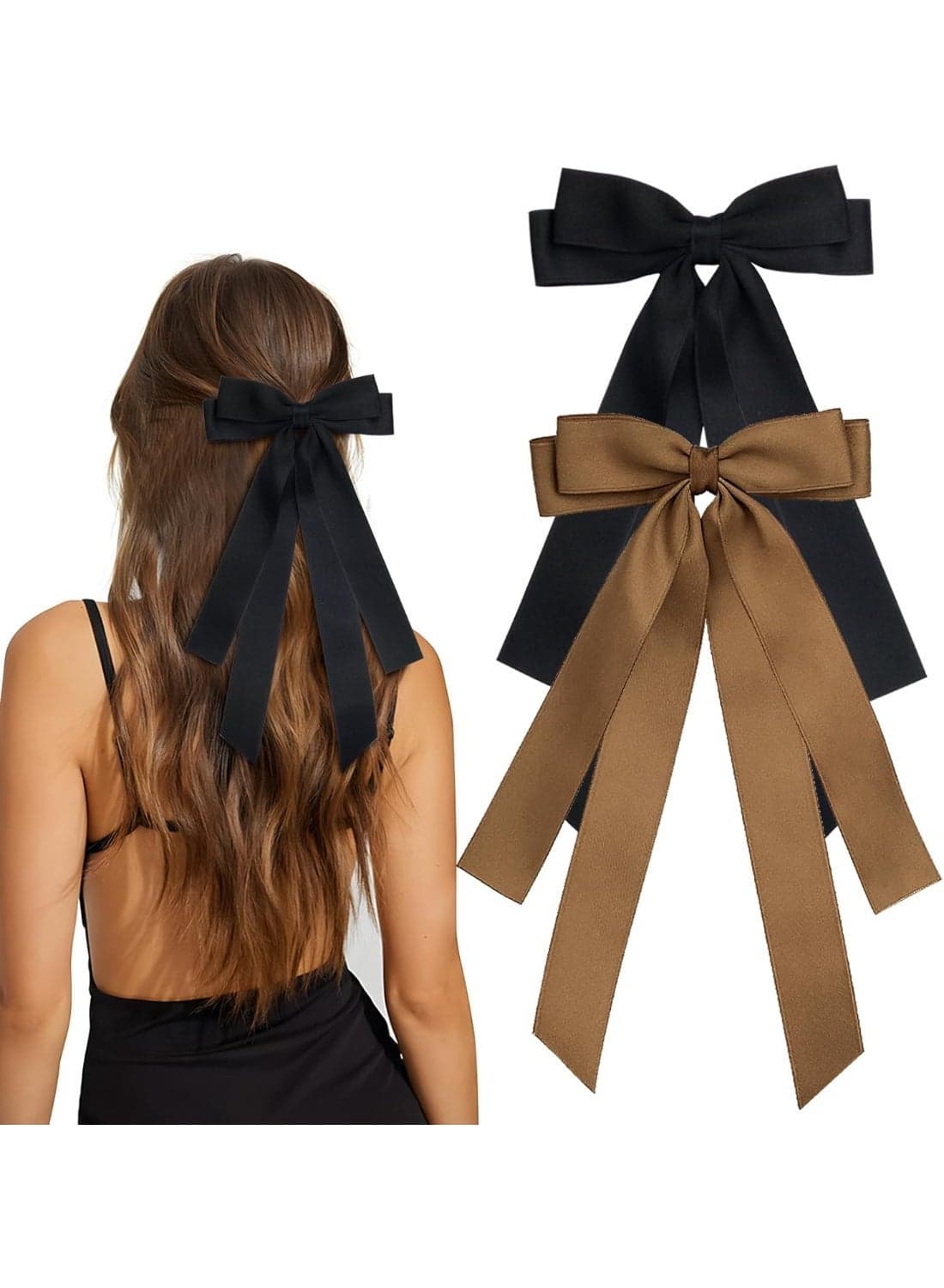 Bow Hair Clips 2PCS Set for Women and Girls - Black White Ribbon Bows for Hair, with Long Tail, Alligator Clip - Perfect Hair Accessories for Parties, Prom, and Weddings (Black & Brown)