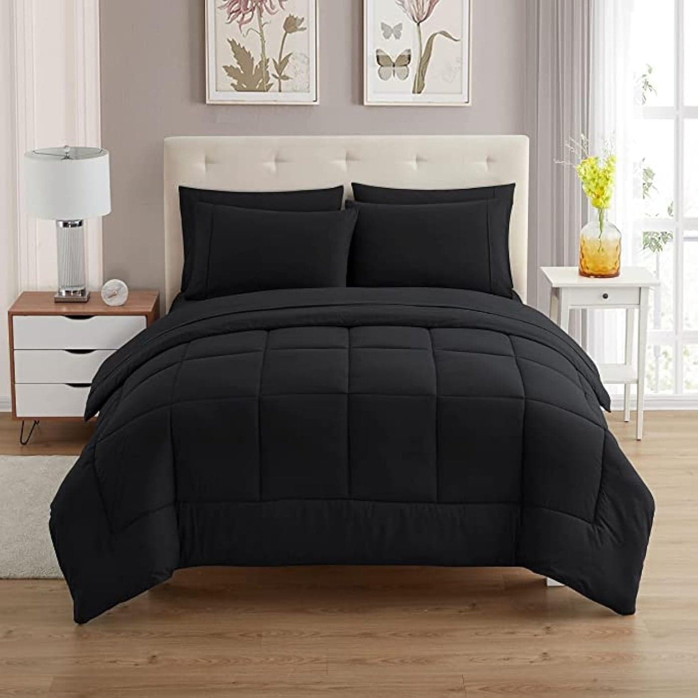 Sweet Home Collection 7 Piece Comforter Set Bag Solid Color All Season Soft Down Alternative Blanket Luxurious Microfiber Bed Sheets Black Queen