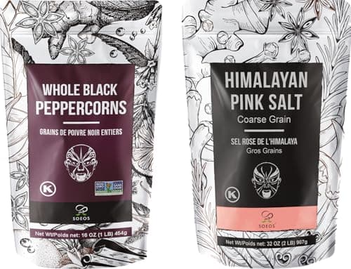 Soeos Whole Black Peppercorns 12oz + Himalayan Pink Salt 2lb, Salt and Pepper for Grinders, Black Peppercorn Refil, Pink Himalayan Sea Salt, 2 Piece Set