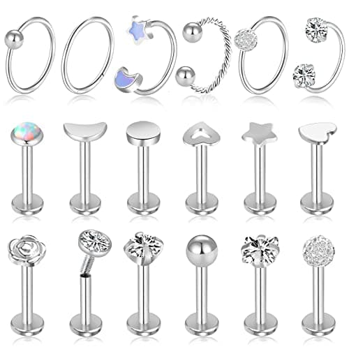 ONESING 18 Pcs 16G Tragus Earrings for Women Piercing Jewelry Cartilage Earring Studs Barbell Lip Stainless Steel