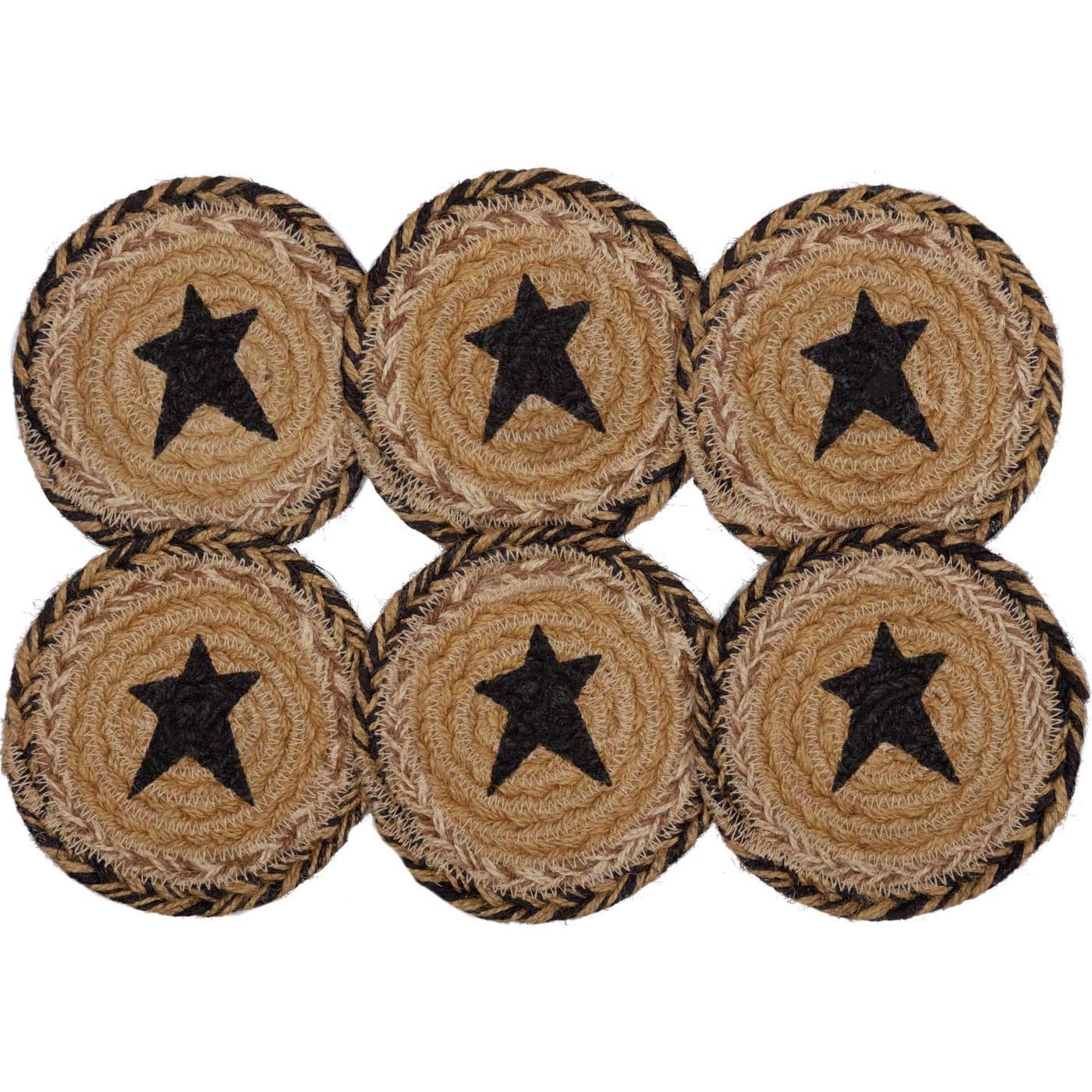 VHC Brands Kettle Grove Primitive Jute Tan Textured Round Kitchen Coaster Stencil Star Set of 6 4