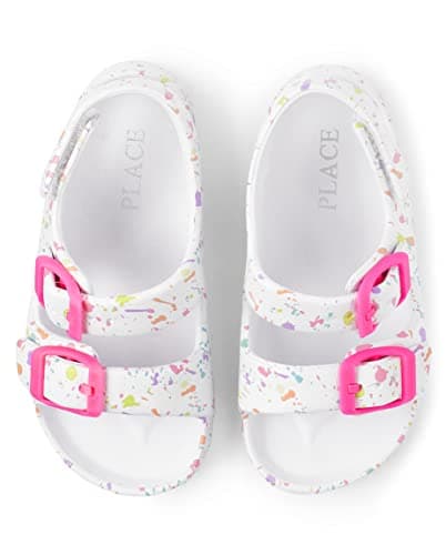 The Children's Place Baby Girls and Toddler Everyday Slide Sandals with Backstrap, White Paint Splatter, 10