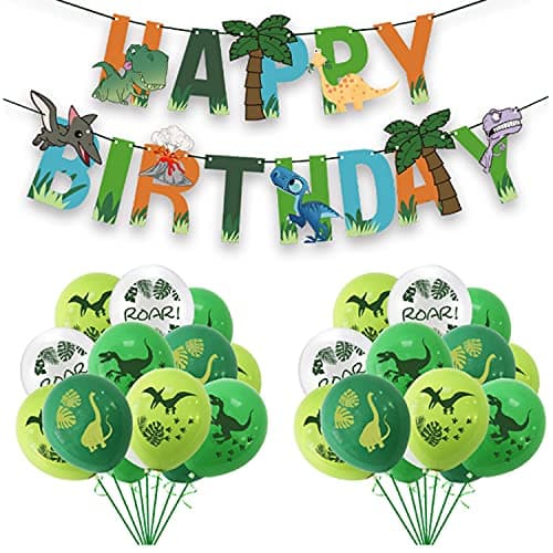 RasuDecor 35pcs Dinosaur Forest Jungle Theme Set Happy Birthday Banner-1Set, Forest Jungle Theme Color Dinosaur Balloons-32Pcs Ribbon-2Roll Kids Decoration #RasuImpex (35Pcs Dinosaur Set)