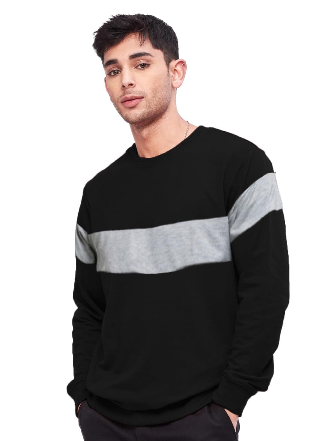 LEOTUDE Men's Regular Fit Loopknit Round Neck Color Block Sweatshirt (W11_Gry_BLK_P_Grey_S)